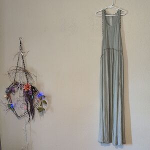 POL Light Sage Green Crochet Lace-Trim Tank Double Front Slit Maxi Dress NWT